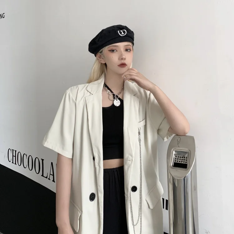 Womens Thin Blazer Jackets with Chain for Korean Fashion Trends Gothic Clothing Teenage Loose Streetwear Short Sleeve Suit Tops