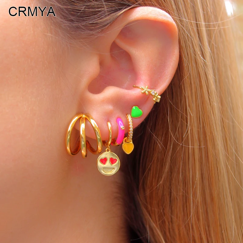 

CRMYA Gold-plated Hoop Clip Dangle Earrings for Women Fashion Color Enamel CZ Zircon Piercing Earring Set 2023 Jewelry Wholesale