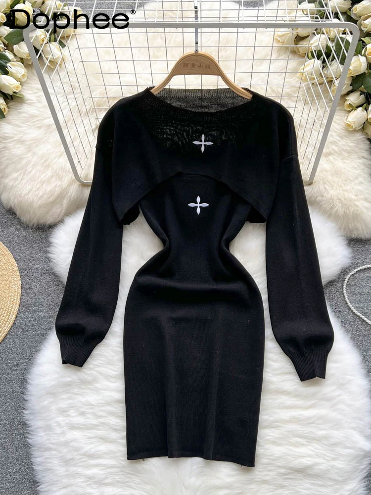 

Women Knitted Loose Long Sleeve Blouse + Suspender Dress Two-piece Set New Arrivals Fashion Temperament Summer 2022