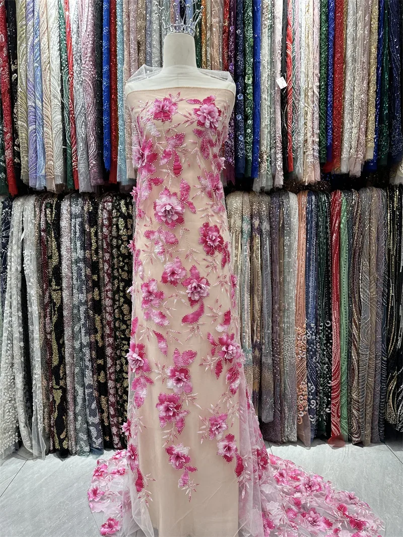 Африканская Тяжелая вышитая бисером Тюлевая ткань французская 3D Цветочная