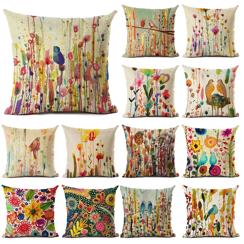 

Animal bird linen square pillow cushion cover car sofa office chair cotton linen pillowcase simple home decoration ornaments