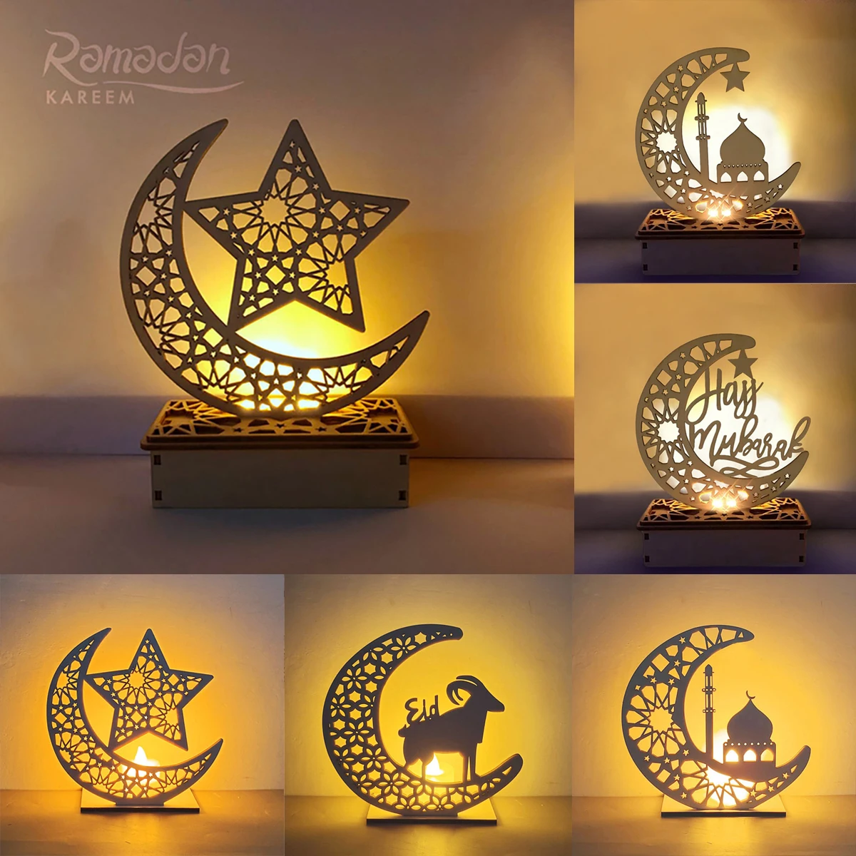 

Eid Al Fitr деревянный лунный Wood Eid Mubark настольное украшение для Eid Mubark украшения для дома Рамадан ночсветильник настольная лампа орнамент