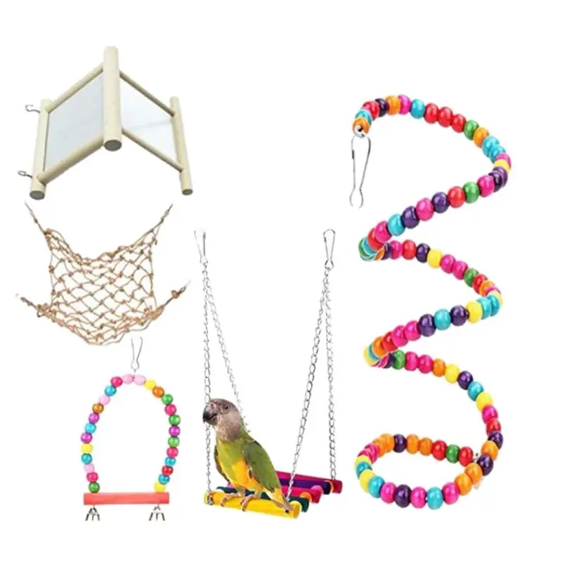 

5Pcs Parrot Cage Toys Hanging Hammock Bird Swing with Mirror Wooden Chain Ladders Climb Net Stand Playing Toys for Parakeets