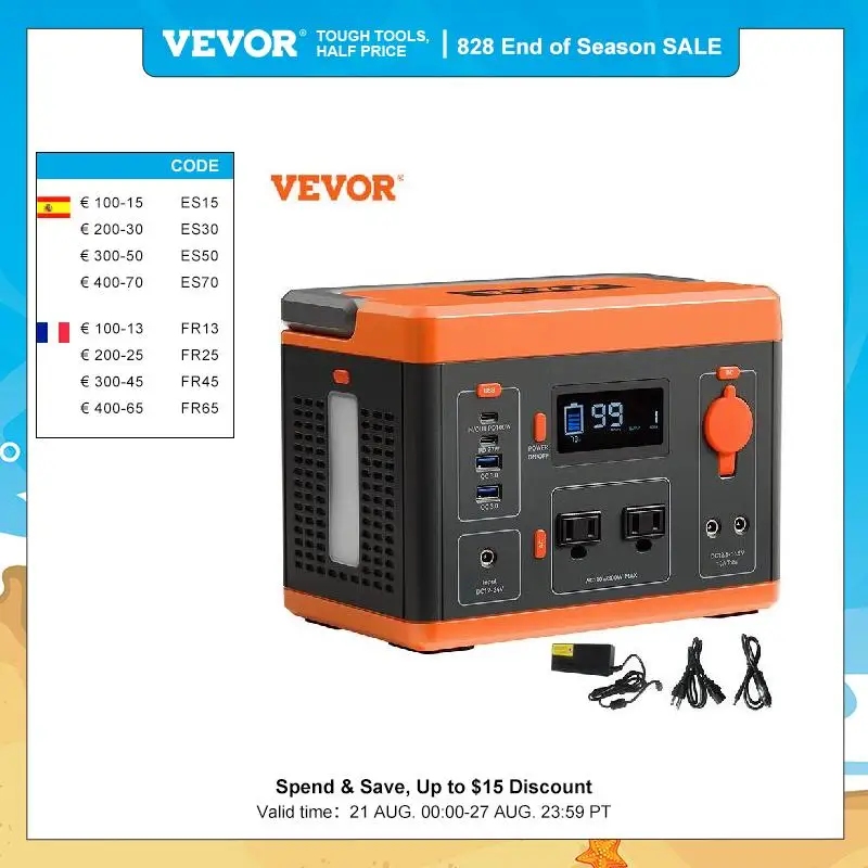 VEVOR Portable Power Station Solar Generator 296Wh 300W Backup Lithium Battery LCD Screen for Outdoors Camping Travel Emergency