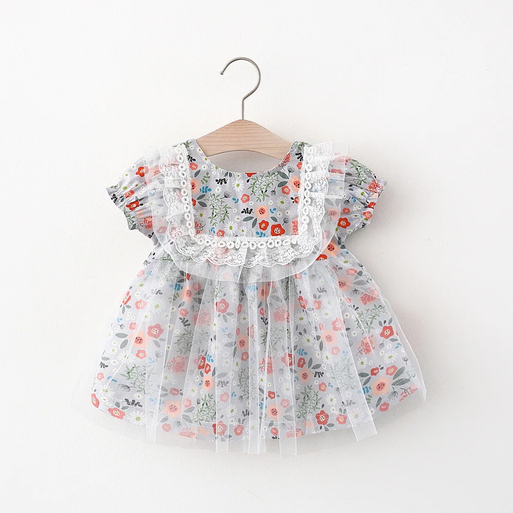 Summer baby girl beach dress casual fashion print lovely lace flower princess dress newborn baby clothing set 1-4 years old