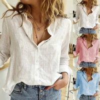 2022 spring and autumn womens shirts european and american solid color casual loose long sleeve linen shirts spot