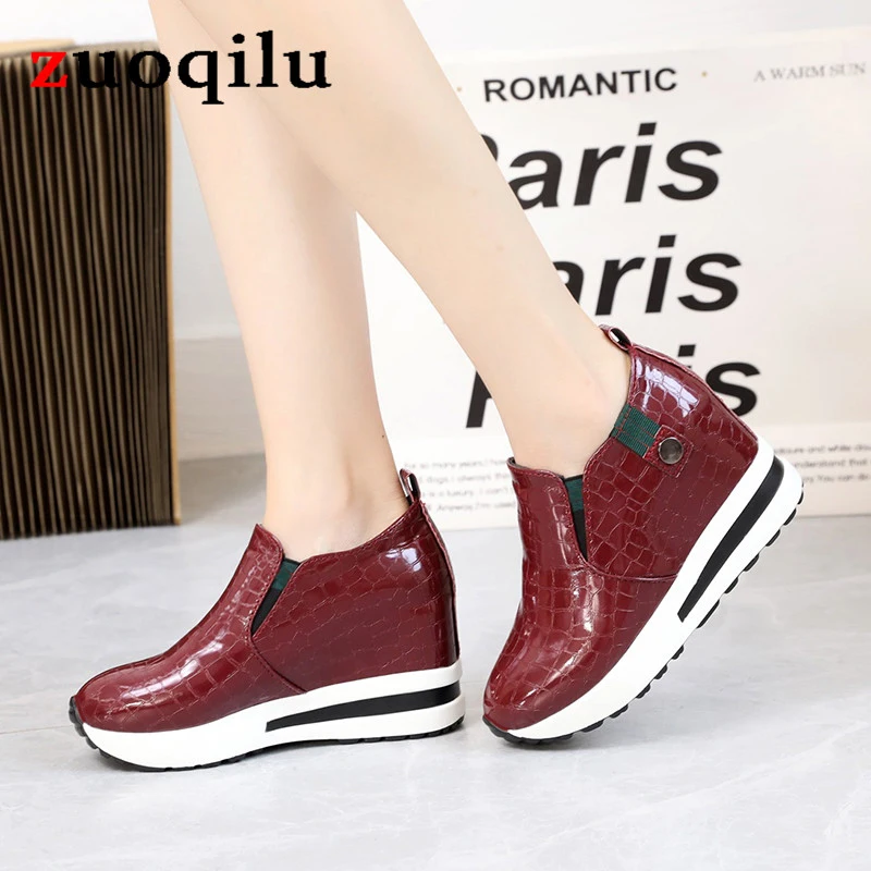 Wegde heel shoes for women height increasing sneakers slip on loafers women PU Leather casual shoes women Platform sneakers