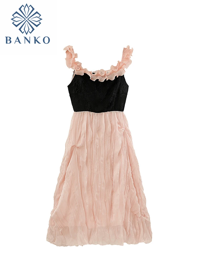

French Style Contrast Color Design Women Halter One-Piece 2023 New Patchwork Irregular Pleated Mori Girls Dress Calf Length Chic