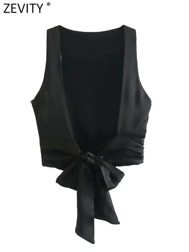Женские сексуальные черные атласные топы Zevity с короткими рукавами и открытой
