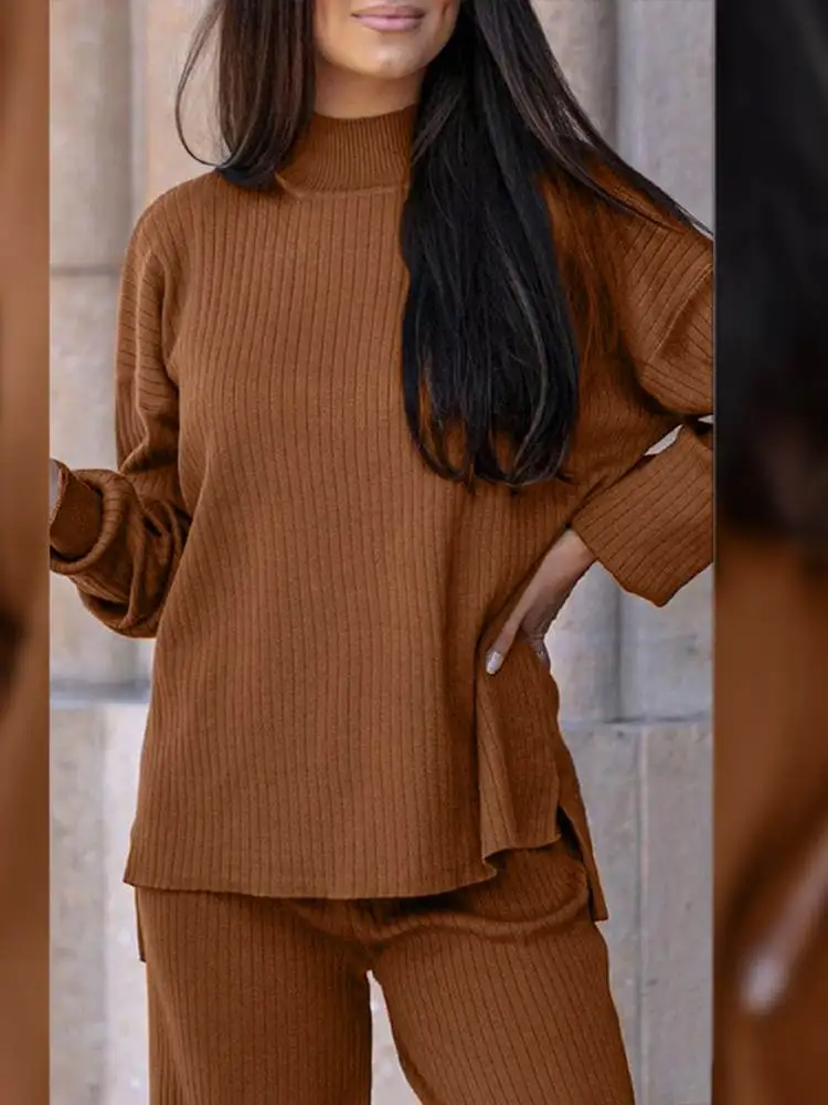 

ZANZEA Fashion Solid Wide Leg Pant Suit 2022 Spring Irregular Blouse Suit Oversized OL Outfits Women Casual Knitted 2 Piece Sets