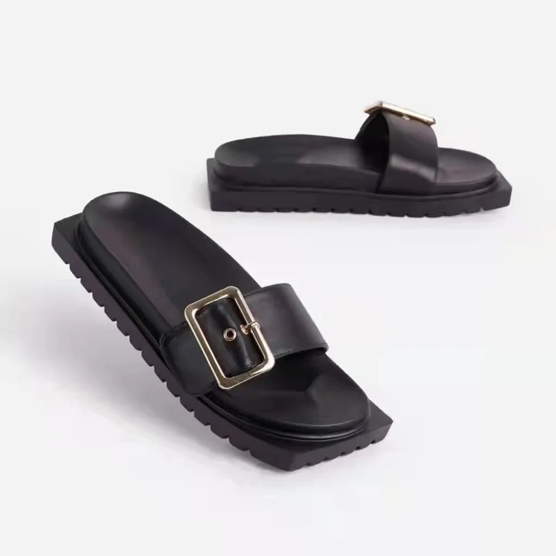

Women's Shoes 2022 Trend New Fashion Square Toe Platform Ladies Slippers Summer Outdoor Non-slip Beach Vacation Casual Flats PU