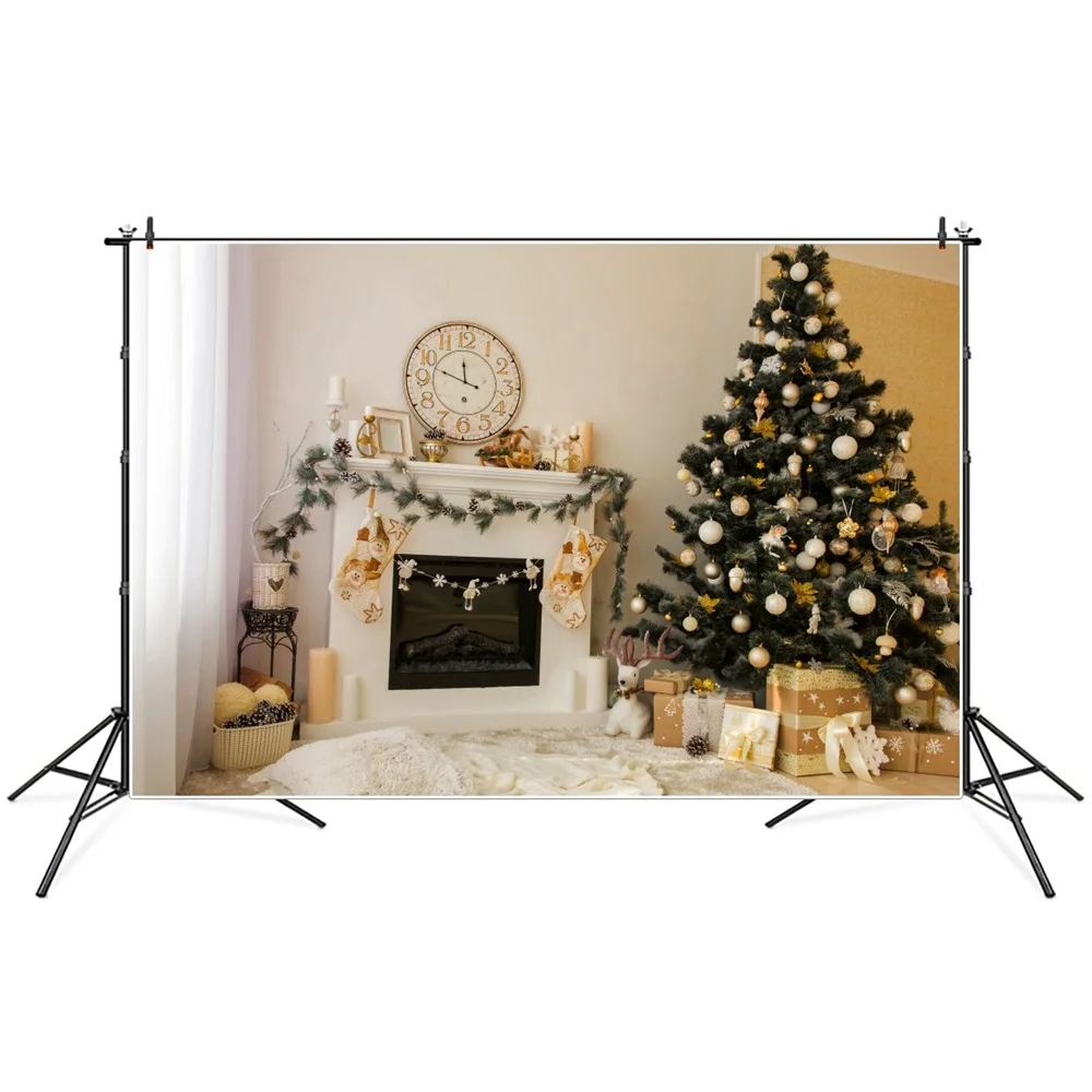 

Christmas Tree Balls Gifts Clock Fireplace Room Scene Photography Backgrounds Custom Baby Party Decoration Photo Booth Backdrops