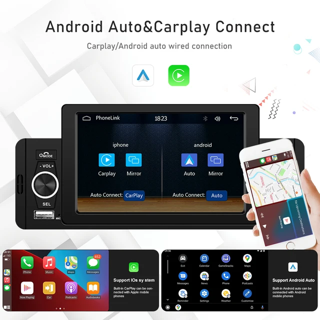 Podofo 5 inch Car Radio 1 Din CarPlay Android Auto Multimedia Player Bluetooth MirrorLink FM Receiver For Volkswagen Nissan 3