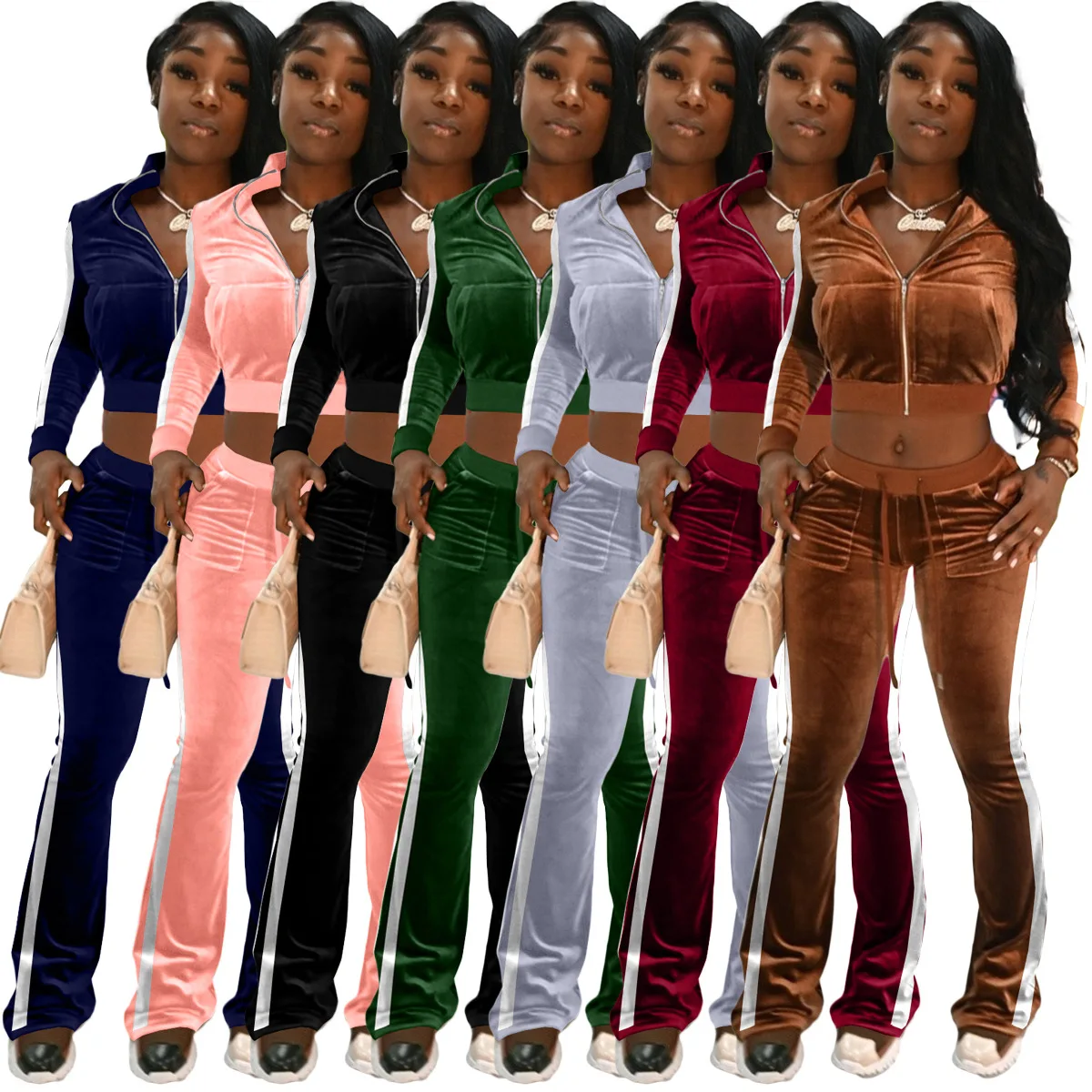 

Women Patchwork Velvet Tracksuit with Pockets Long Sleeve Zip-up Top and Long Flare Pants 2021 Winter Clothes Jogger Suits 2021