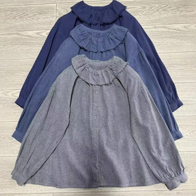 Johnature японская повседневная рубашка с длинными рукавами и кружевными лацканами