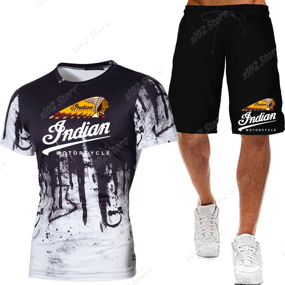 

Men's Indian Skull Camouflage Printed Short Sleeve Tees/Suits Plus Size Men Sportwear Motorcycle Racing T-shirt Shorts Tracksuit