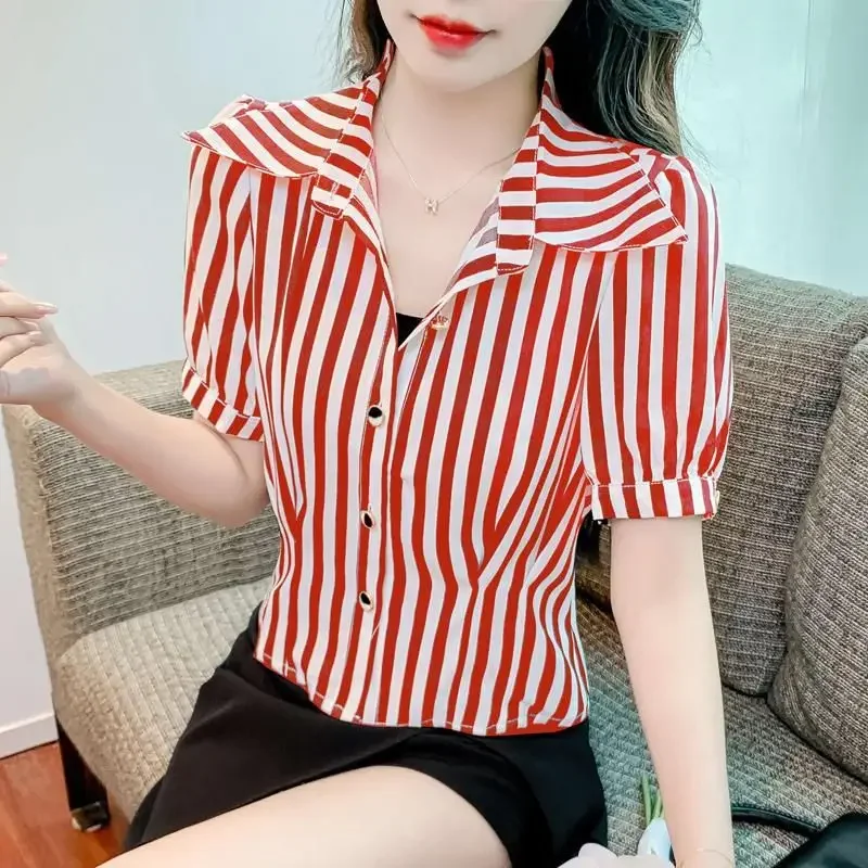 Блузка женская в полоску элегантная рубашка с отложным воротником и складками