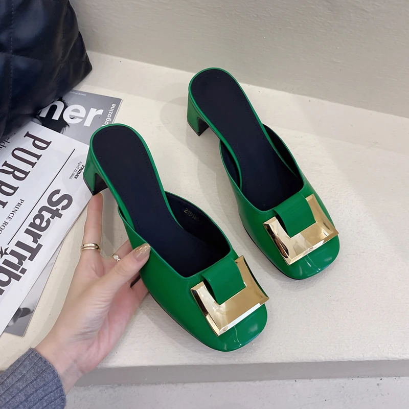 

Green Mules Shoes Women 2022 Summer Slippers Outdoor Buckle Decoration Closed Toe Leather Slides High Heels Women Slippers Black