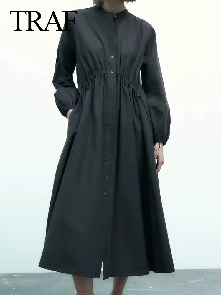

TRAF Fashion With Adjustable Drawstring Midi Dress Vestidos Mujer Women Vintage Long Sleeve Button-up Female Dresses