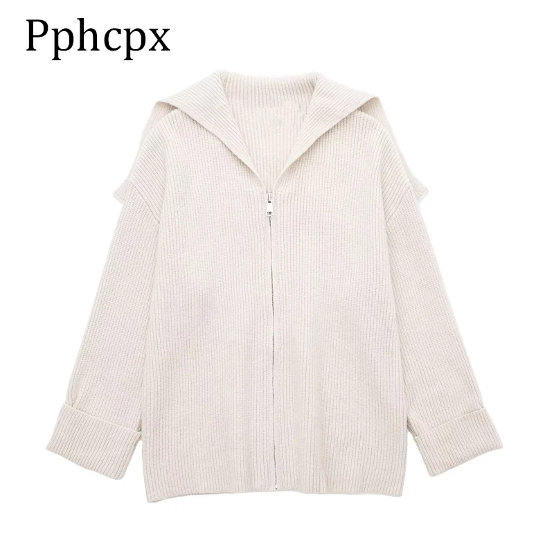 

Pphcpx Women Knit Cardigan Winter Sweater Solid Turn-down Collar Vintage Sweaters Female Warm with Zipper Casual Loose Coats