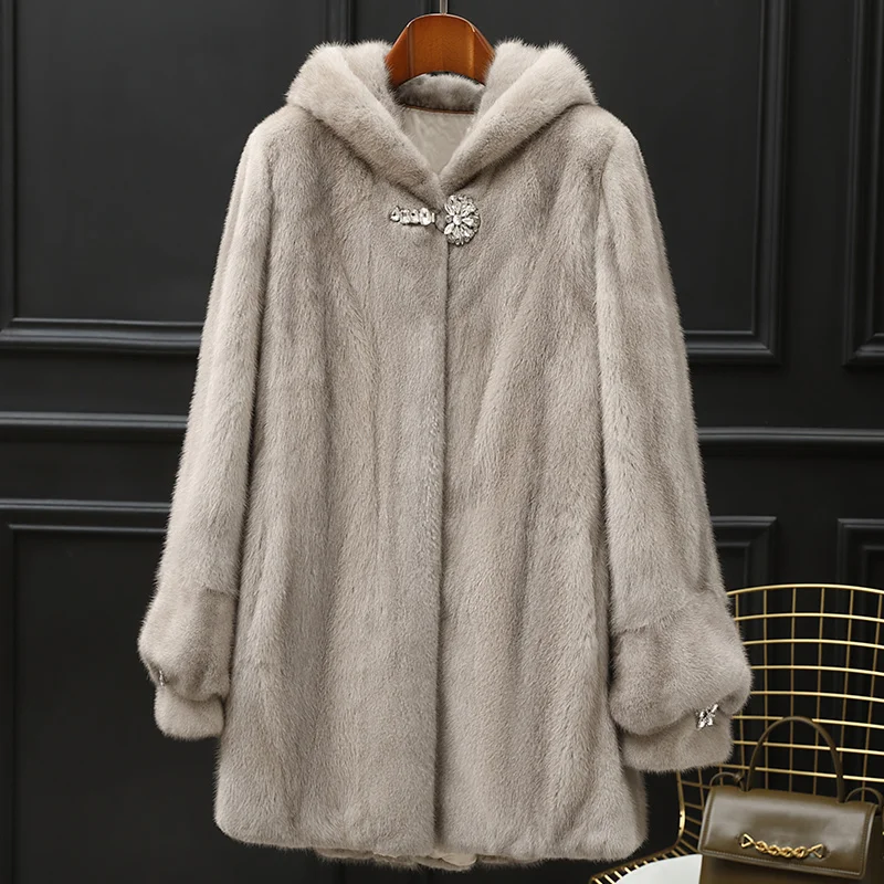 

Winter Women's Clothing New Marten Overcoats Women's Imported Velvet Whole Mink Hooded Mid-Length Mink Fur Coat