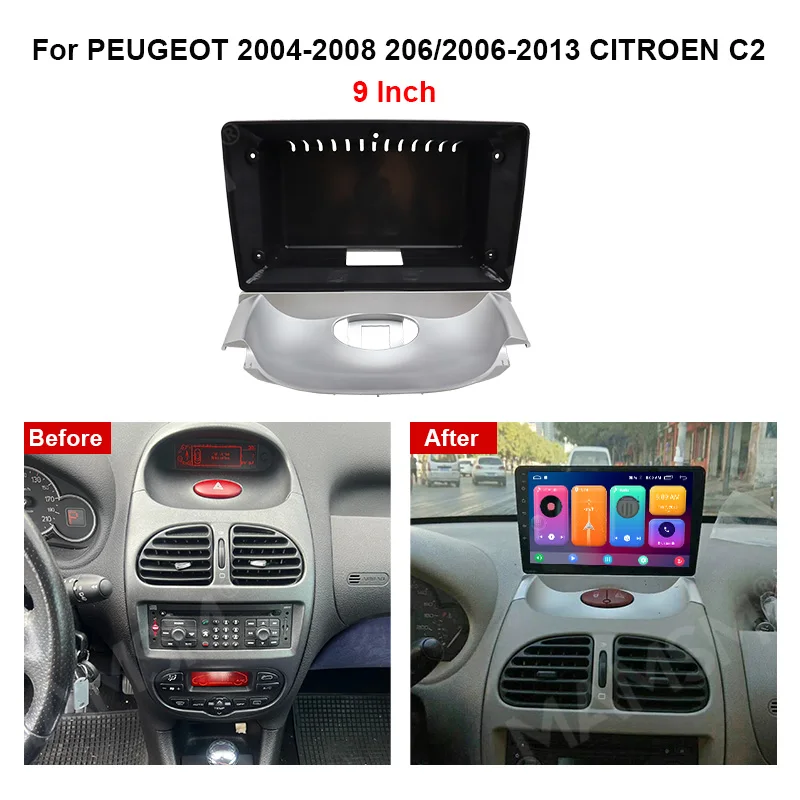 Фото MAMSM для PEUGEOT 2004-2008, 206/2006-2013, CITROEN C2, 9-дюймовая рамка для автомагнитолы 2 DIN, панель приборной панели, накладка на приборную панель №3