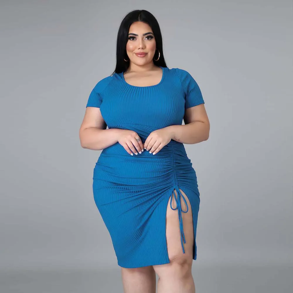 

2022 Plus Size Women Dress Western Style Casual Short Sleeve Round Neck Drawstring Pleated Patchwork Loose Summer Ladies Dress