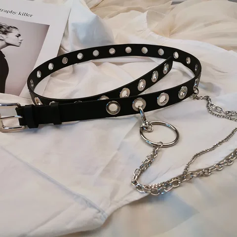 Женский ремень из искусственной кожи с пряжкой в стиле панк, ветровые джинсы, новый стиль, модные женские черные ремни свободного размера с люверсами для брюк