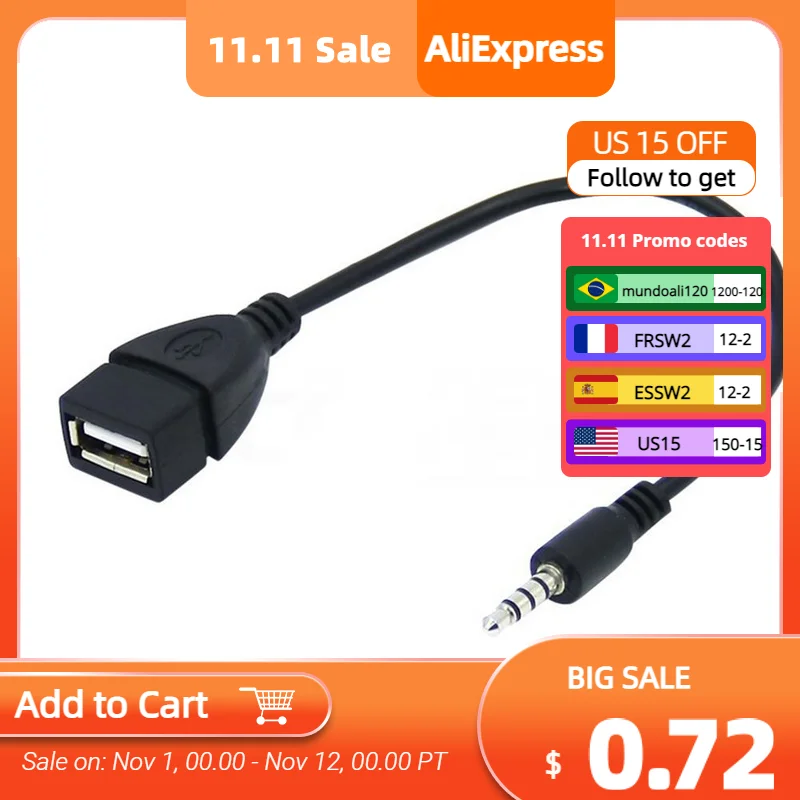 

Аудиокабель со штекером AUX на USB 3,5 Type-A, 2,0 мм, адаптер конвертера OTG кабель для автомобиля, MP3, 18 см, портативный удобный кабель