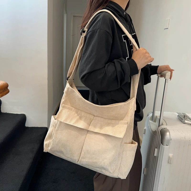 

Corduroy Women's Bag Large Messenger Bag Y2K Eco Bag Korean Shopping Student Shoulder Cross Bag Unisex Handbags Vintage Satchels