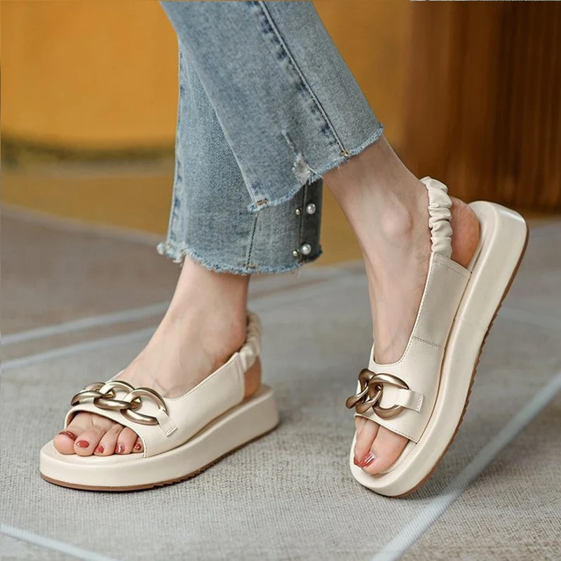 

Metallic Buckle Slingback Sandals Woman 2022 Summer New Houndstooth Sandalias Ladies Cross Straps Flat Shoes