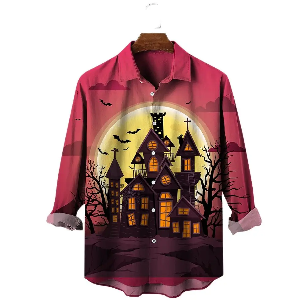 Fashion Castle Night Printing Men's Lapel Buttoned Long-sleeved Shirt Women's Breathable Leisure Shirt Halloween Oversized Tops