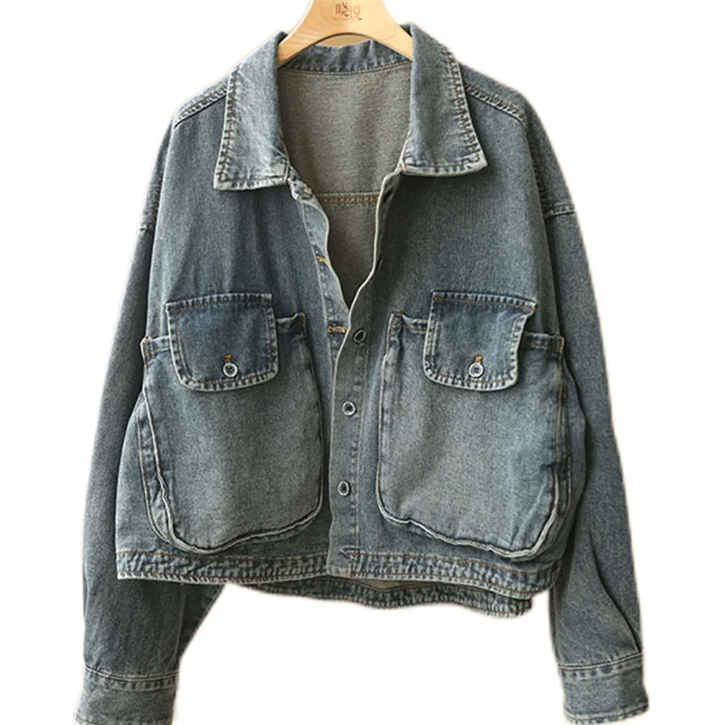 Куртка женская джинсовая короткая с большими карманами винтажная стирка модная