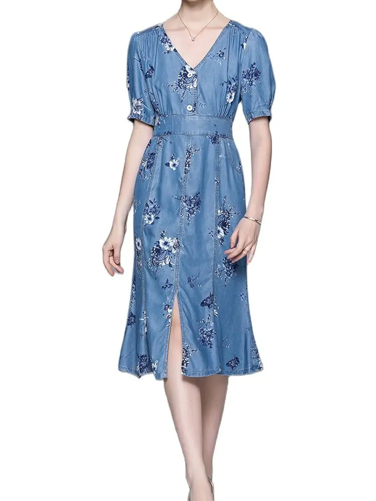 

Элегантная джинсовая юбка с принтом, тонкая юбка рыбий хвост с V-образным вырезом, платье с коротким рукавом, Новинка лета 2022, модная женская ...