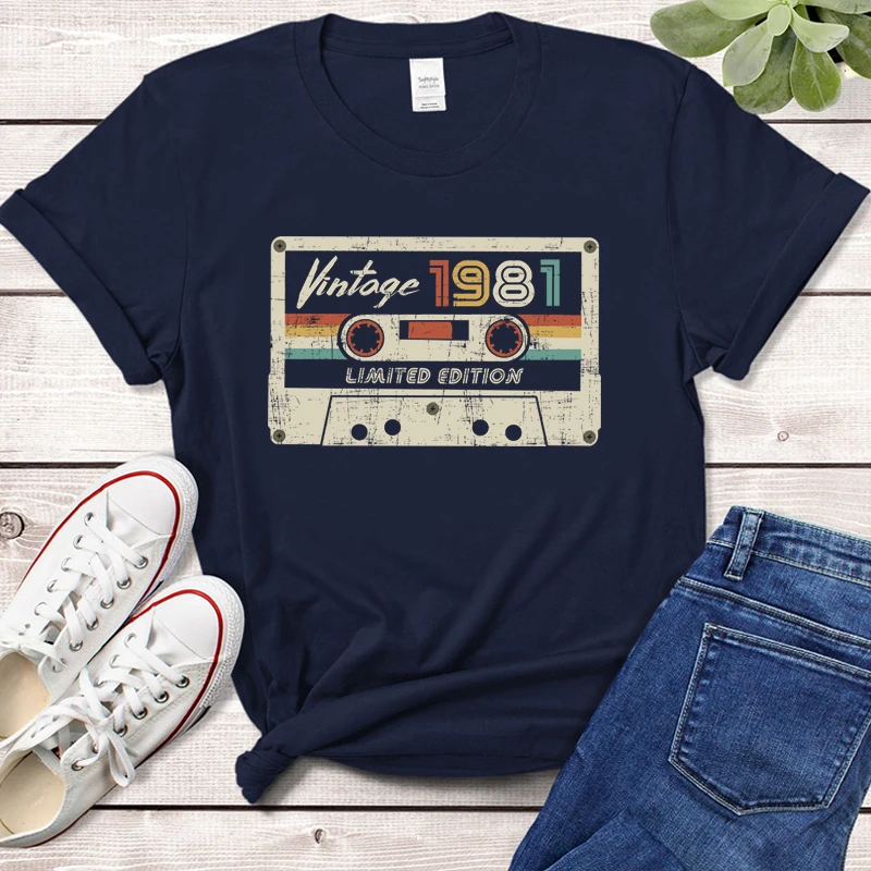 

Vintage 1981 Limited Edition Audiotape Women Graphic T Shirts Retro Made In 1981 42 Birthday Party Top Girlfriend Gift Tshirts
