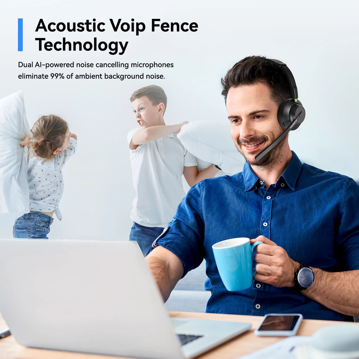 Беспроводные наушники Voipfocus A2304, подключение к 2 UC, Bluetooth 5,1, ии стерео микрофоны, 50 часов на ухе, гарнитура, донгл, зарядное устройство, подстав...