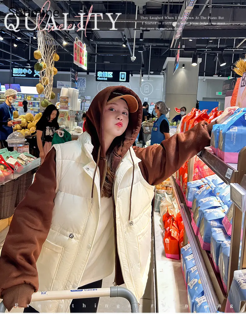 Winter Clothes Women Office Lady Button Loose and Fake Two-piece Thick Hooded Patchwork Coat Pockets Zipper  Coat Women