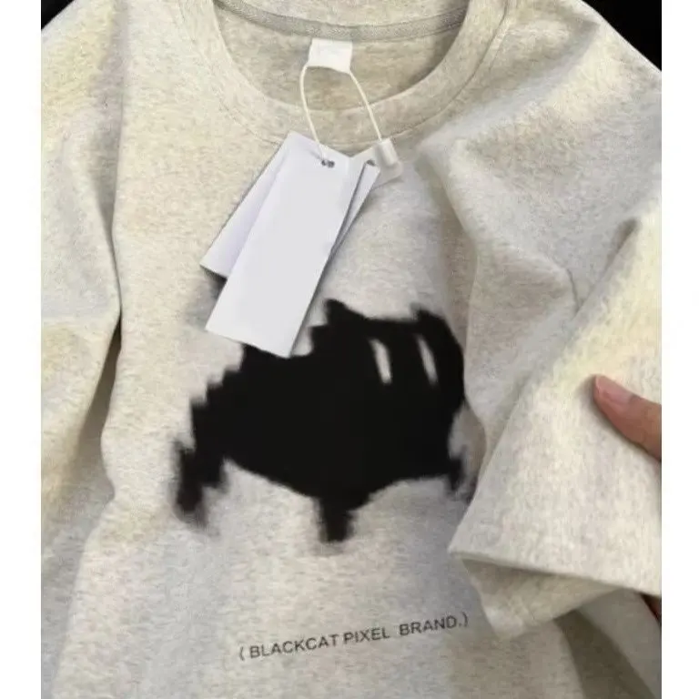 

Black Meow Pixel Summer Short-sleeved T-shirt Fun Popular Women Clothes Loose Psychedelic Black Cat Print Top Women Clothing