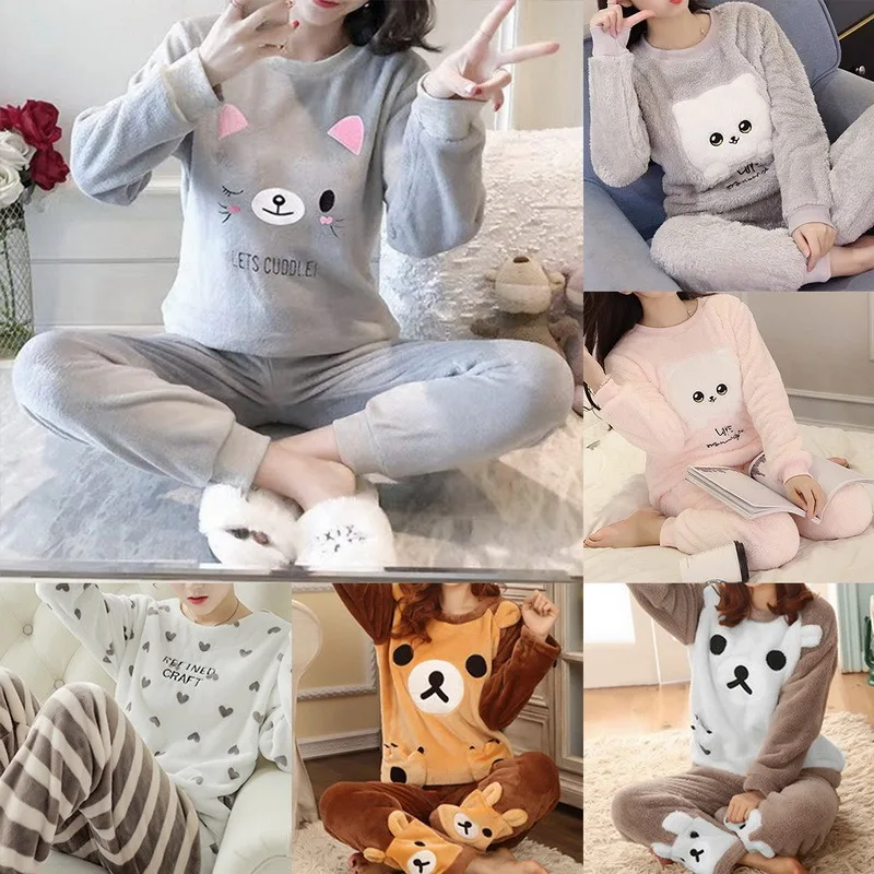 Winter Pajamas For Women Cute Cartoon Coral Velvet Pajama Korean Style Plush Thickened Home Sleepwear Sets Y2k Casual Clothes