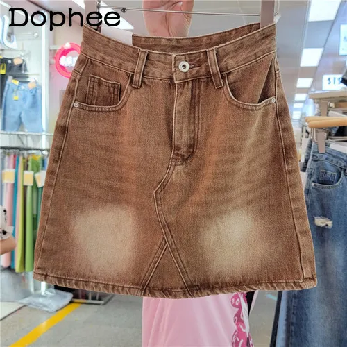

Korean Style New Washed Denim Skirt Women's 2022 Summer Retro A- Line Short Mini Jupe Femme Casual All-Match