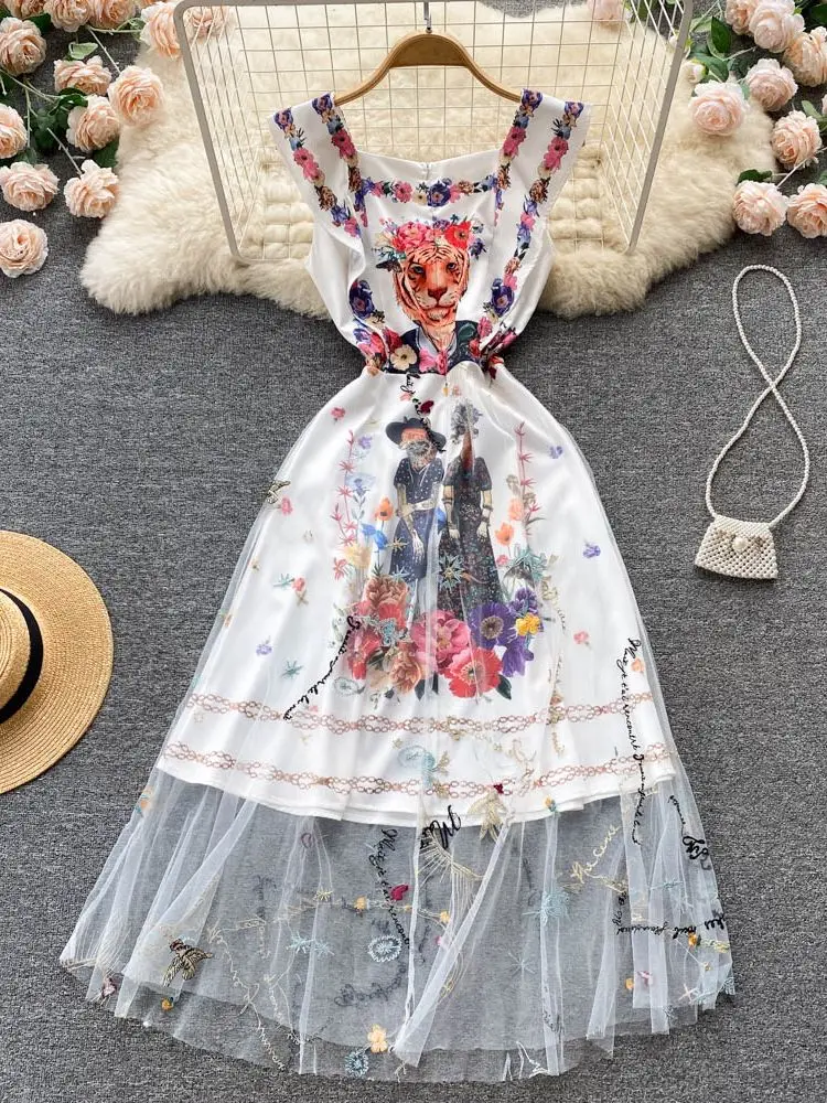 

Summer See Through Mesh Embroidery Patchwork Dress Women's Square Colalr Sleeveless Floral Print Midi Elegant Vestidos M2146