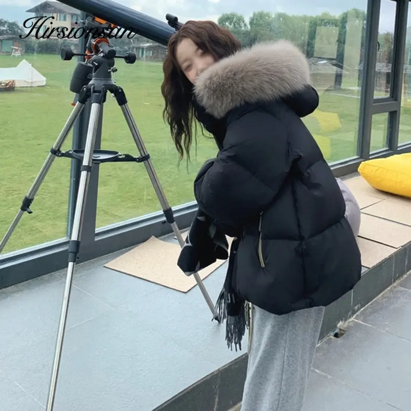 Hirsionsan Winter Solid Zipper Large Fur Collar Hooded Long Down Jacket Women New Korean Thicken Warm Puffer Clothing Female