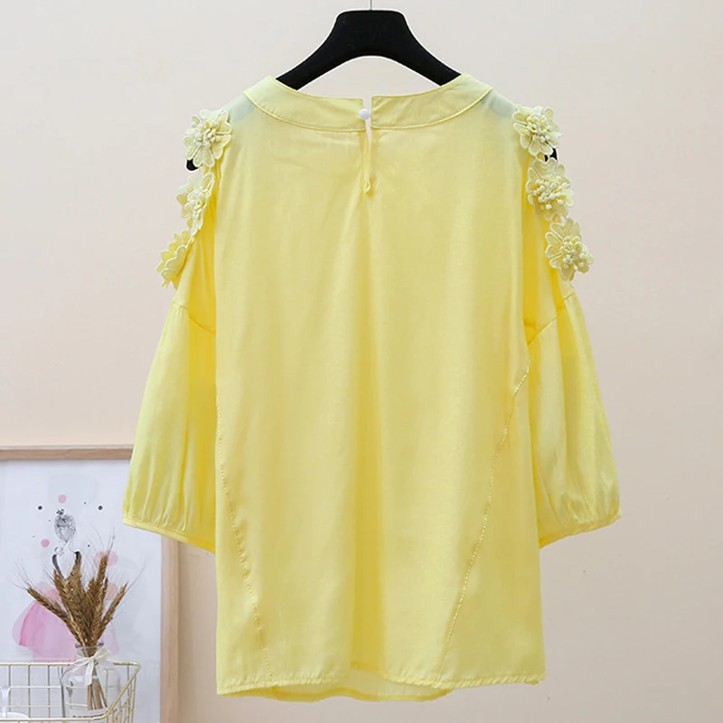 Женская шифоновая блузка с коротким рукавом круглым вырезом и открытыми плечами