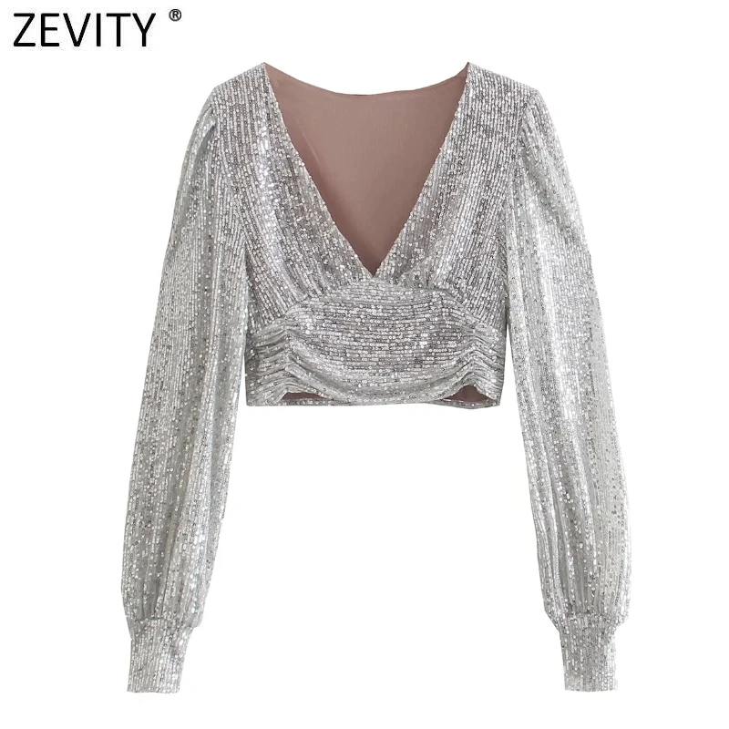 Zevity-Blusa corta con cuello en V profundo para mujer, camisa Sexy con lentejuelas, plisado, manga abombada, para fiesta, LS9954