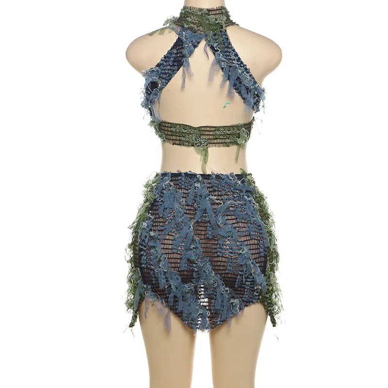 Цветной лоскутный сетчатый женский пикантный комплект из 2 предметов с бахромой