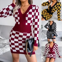 popular european and american autumn and wintervcollar chessboard plaid sheath skirt knitted dress