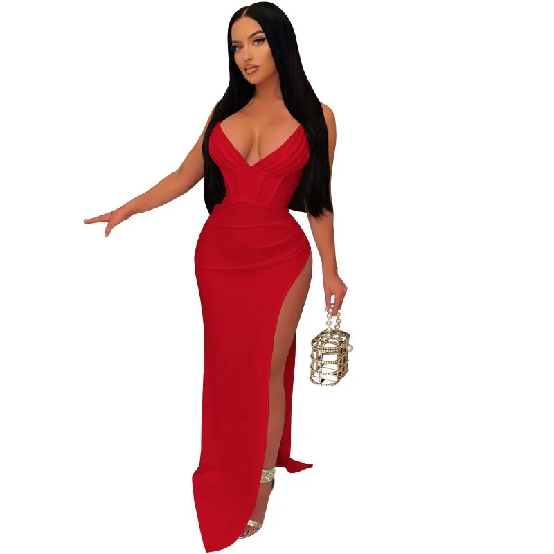 

High Waist Split Dress Women Deep V Neck Corset Spaghetti Strap Robes Summer New Solid Fashion Sexy Clubwear Maxi Dress Outfits