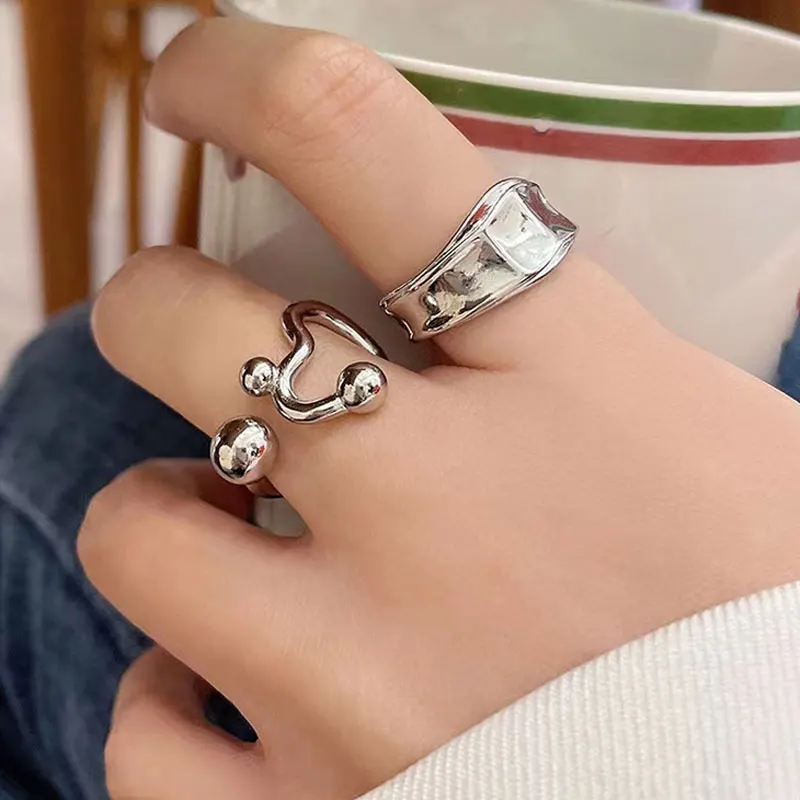 

New Popular Irregular Silver Copper Alloy Open Rings Neutral Light Luxury Index Finger Ring Retro Ring Jewelry Couple Rings Gift