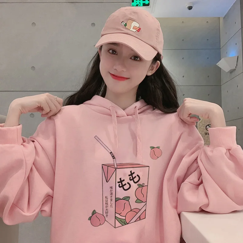 

2022 Kawaii Peach Juice Japanese Casual Harajuku Shirt Pink Hoodies Women Korean Japanese Pullovers Women Sweatshirt Kpop Tops