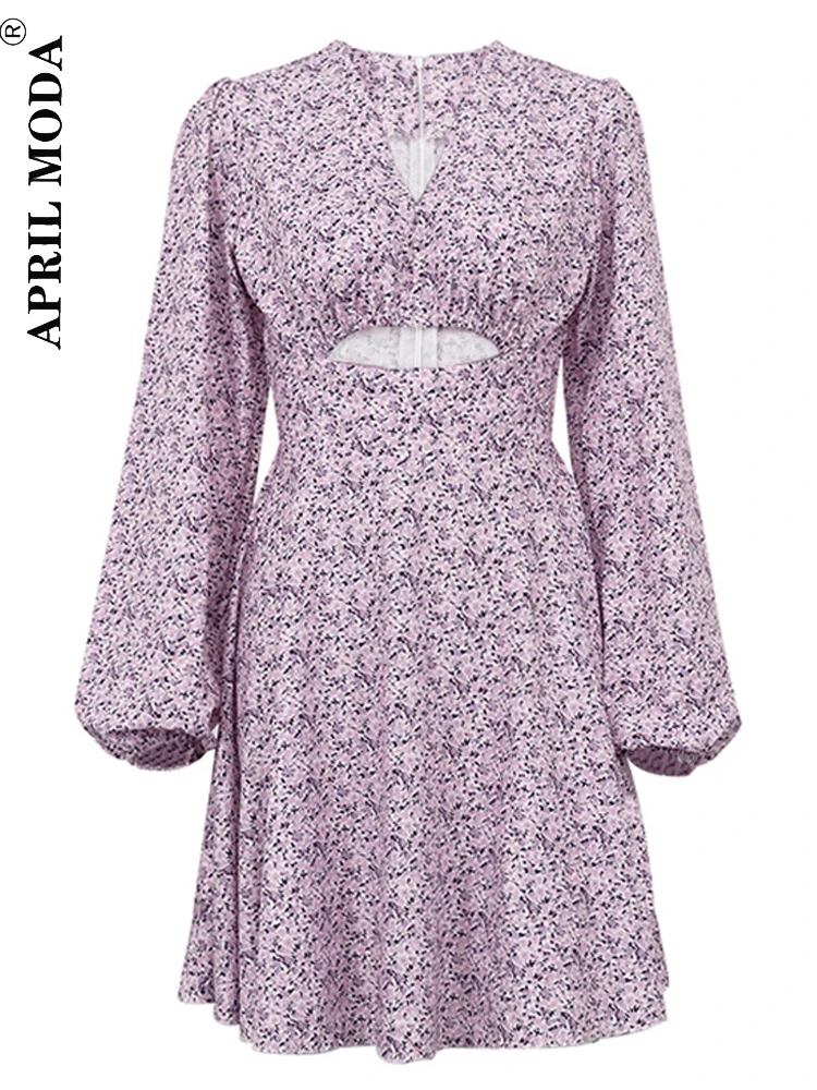 

2023 French Style Floral Mini Party Dress Long Puff Sleeve Hollowed Out Short Boho Sundress Vintage Holiday Prom Dress for Women